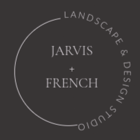 The image appears to be a logo for a landscape and design studio, with the text "Jarvis + French" in the center.
